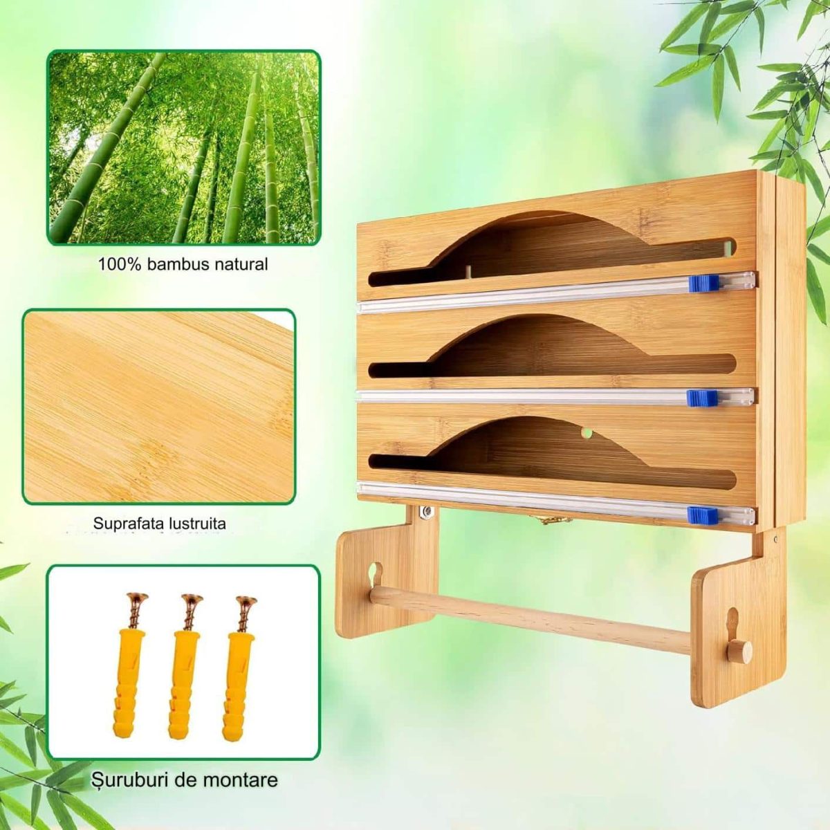 Dispenser de bucatarie 4 in 1, pentru rola de hartie si folie alimentara, 35.7 x 24.5 x 7.62 cm, natur - imagine 6