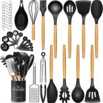 Set ustensile de bucatarie, 34 de piese cu suport, din silicon, maner de lemn, acoperire antiaderenta, negru