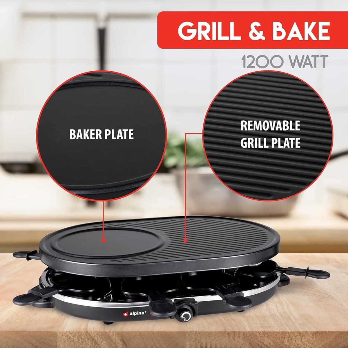 Gratar electric de masa, cu 8 mini tigai si spatule, 1200 W, fonta, 12 x 32 x 47 cm, - imagine 5