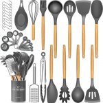 Set ustensile de bucatarie, 34 de piese cu suport, din silicon, maner de lemn, acoperire antiaderenta, gri