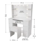 Masuta de machiaj "Athena" cu scaun – LED, oglinda si 7 sertare, alba, PAL, priza incorporata, 107 x 40 x 140 cm, ArtLife - imagine 3
