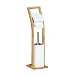 Suport pentru hartie igienica cu perie de toaleta, alb/natur, bambus, 75 x 19 x 19 cm