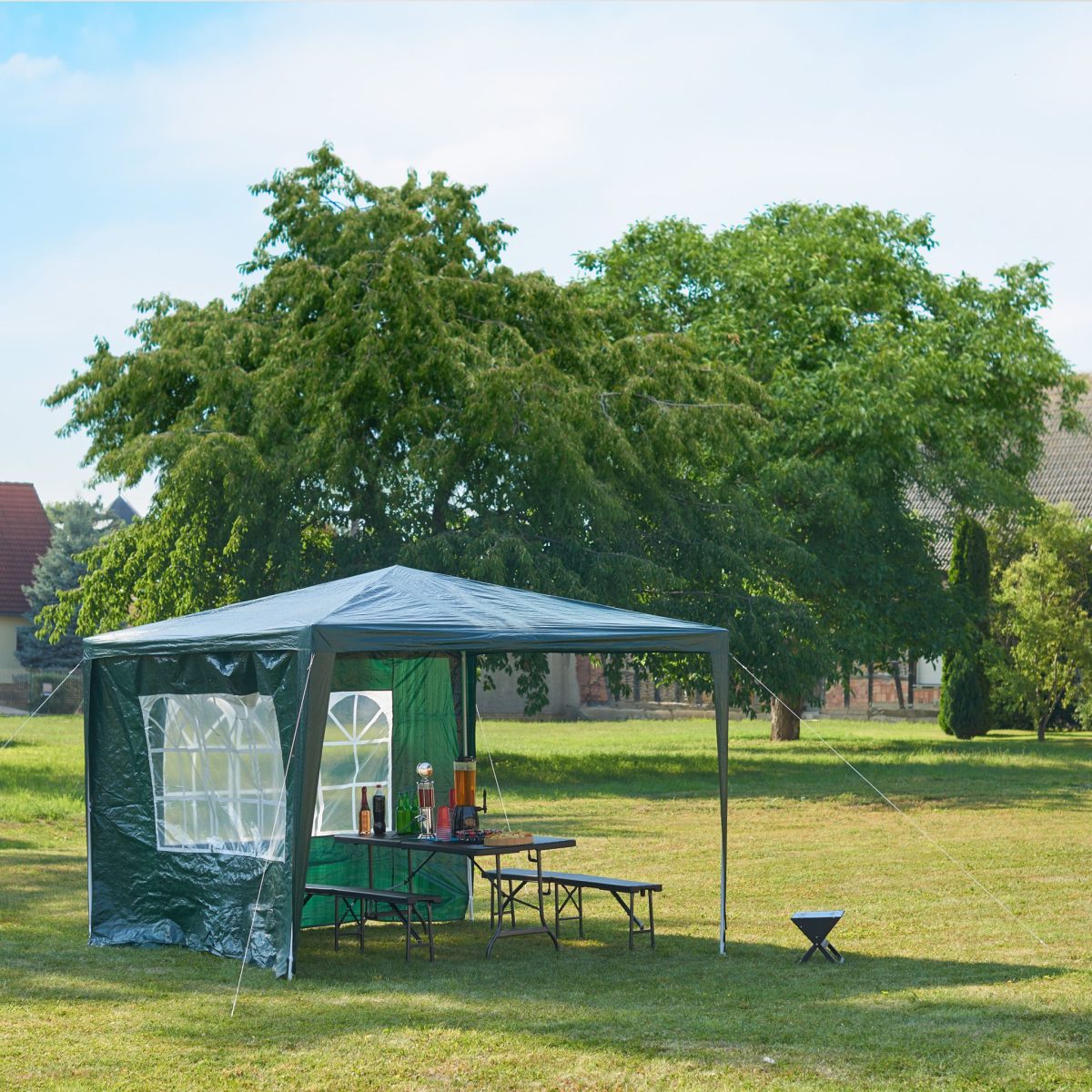 Cort Pavilion cu 2 pereți laterali, metal, 3 m x 3 m, verde, Relaxdays - imagine 2