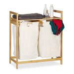 Cos de rufe cu 2 compartimente si raft pentru depozitare, Relaxdays, capacitate 30 l fiecare compartiment, 73 x 63,5 x 33 cm