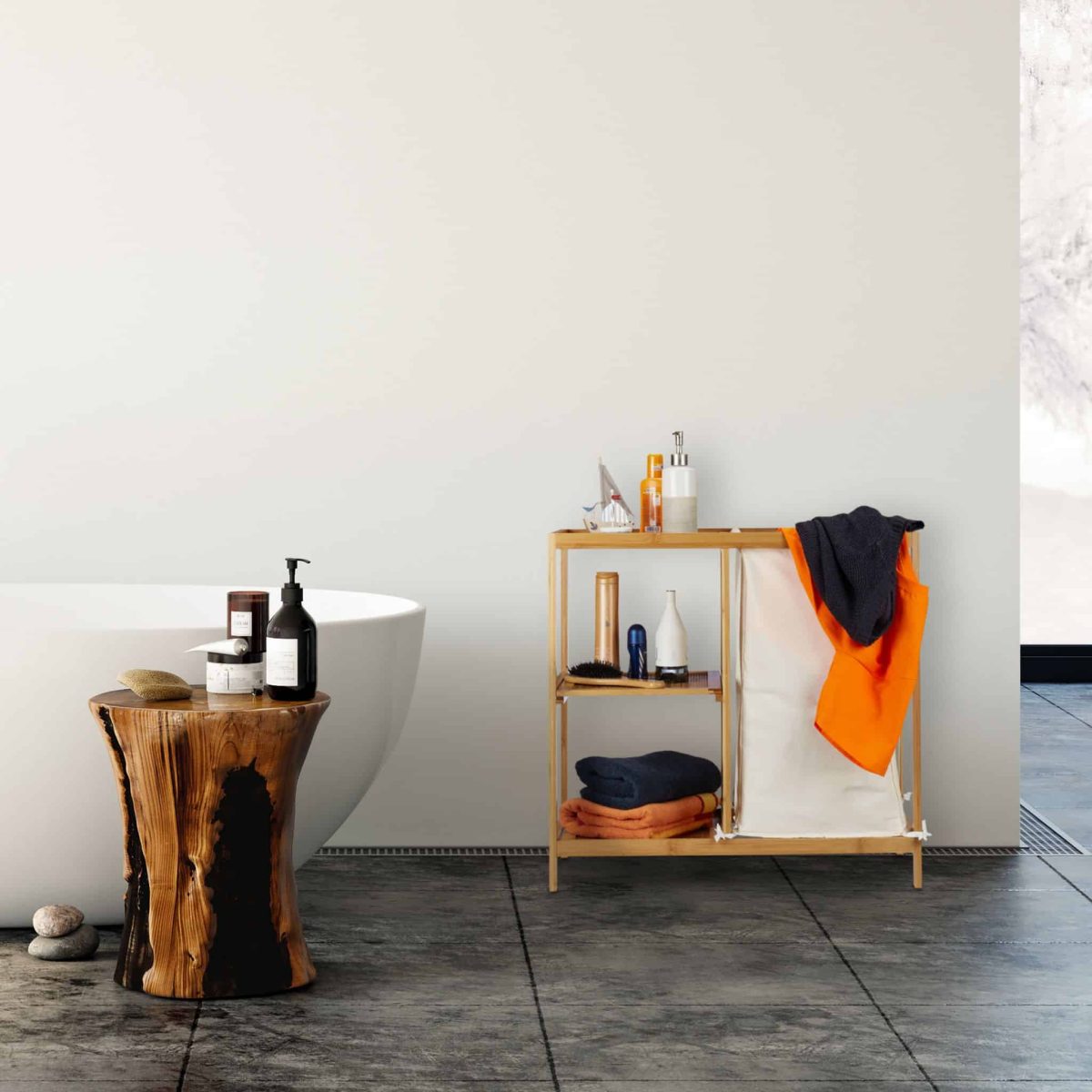 Raft de baie cu cos de rufe textil, 44 l, bambus/MDF, 65 x 68 x 33 cm - imagine 2