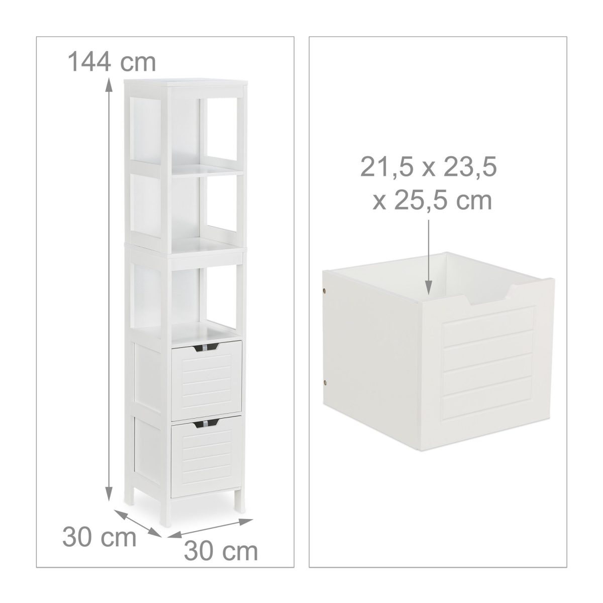 Dulap pentru baie, 3 rafturi deschise, 2 sertare, MDF, alb, 144 x 30 x 30 cm - imagine 4