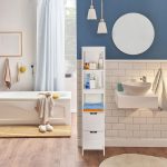 Dulap pentru baie, 3 rafturi deschise, 2 sertare, MDF, alb, 144 x 30 x 30 cm - imagine 5