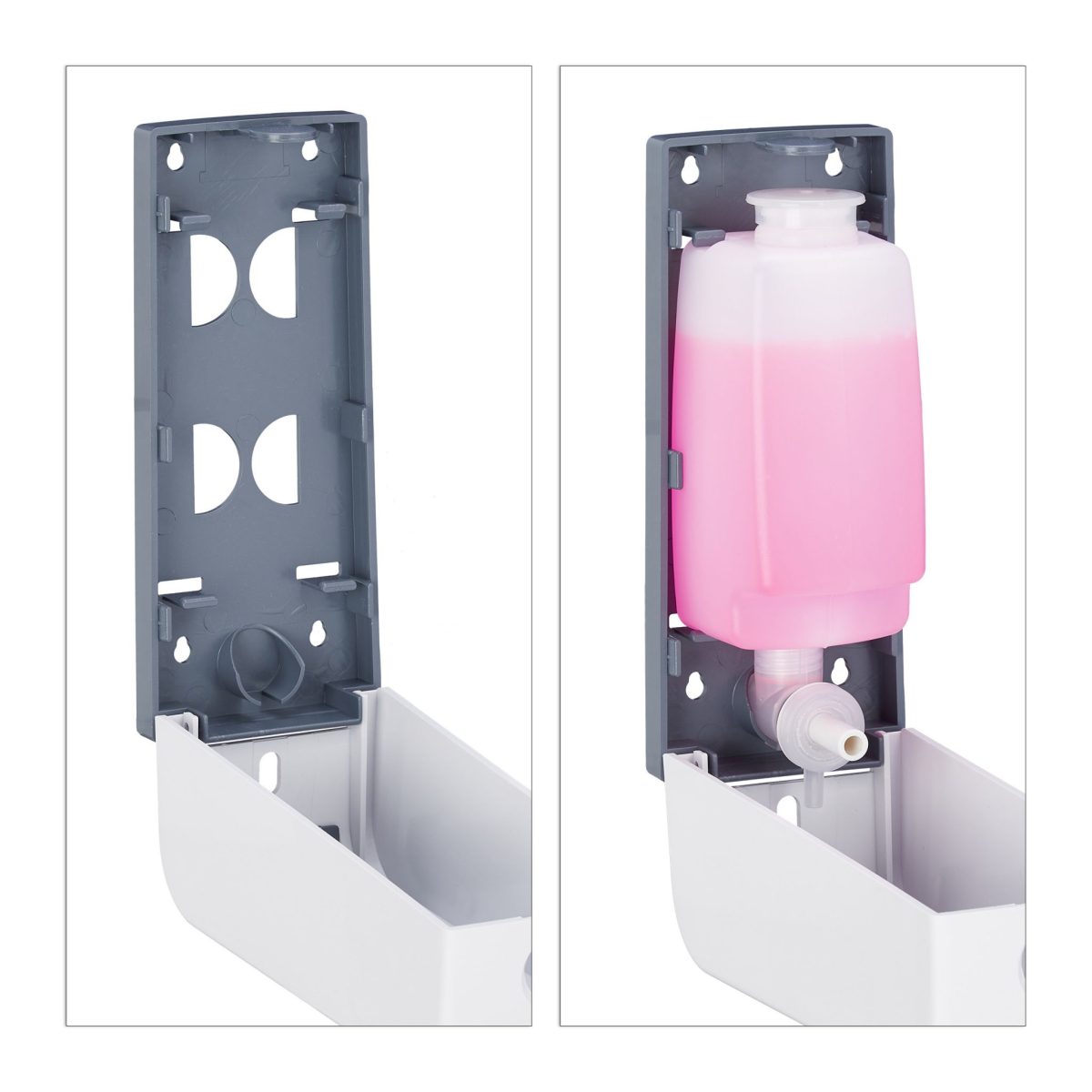 Dispenser-dozator sapun lichid, 350 ml, suport de agatare pe perete, gri/alb, 7.5 x 7.5 x 20 cm - imagine 5