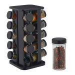 Set 20 recipiente condimente cu suport rotativ, inox, negru, 33.5 x 20 x 20 cm, Relaxdays