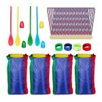 Jocuri in aer liber pentru copii, 4 saci pentru sarit, 4 linguri, 4 oua decorative din lemn, 4 curele, 24 de medalii, multicolor