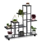 Stand pentru ghivece cu plante, 9 rafturi, cu roti, otel, negru, 91,5 x 93 x 26 cm