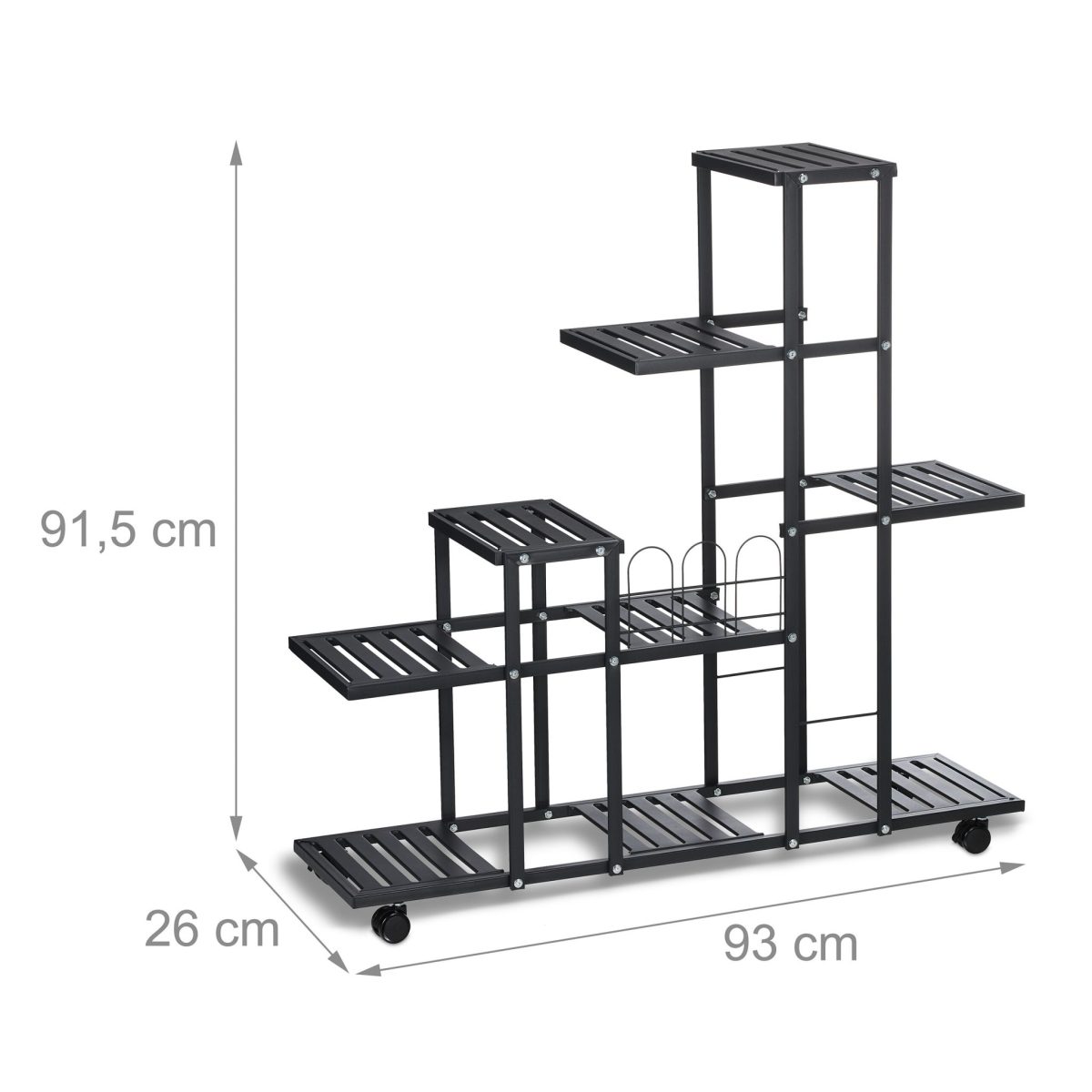 Stand pentru ghivece cu plante, 9 rafturi, cu roti, otel, negru, 91,5 x 93 x 26 cm - imagine 4