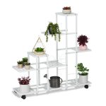 Stand pentru ghivece cu plante, 9 rafturi, cu roti, otel, alb, 91,5 x 93 x 26 cm