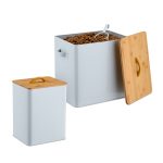 Set 2 recipiente pentru hrana animale/diverse, capac din bambus, 5,5 l si 13,5 l, fier