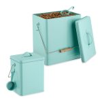 Set 2 recipiente pentru hrana animale/diverse, 5,5 l si 16 l, capace si manere, din fier, turcoaz