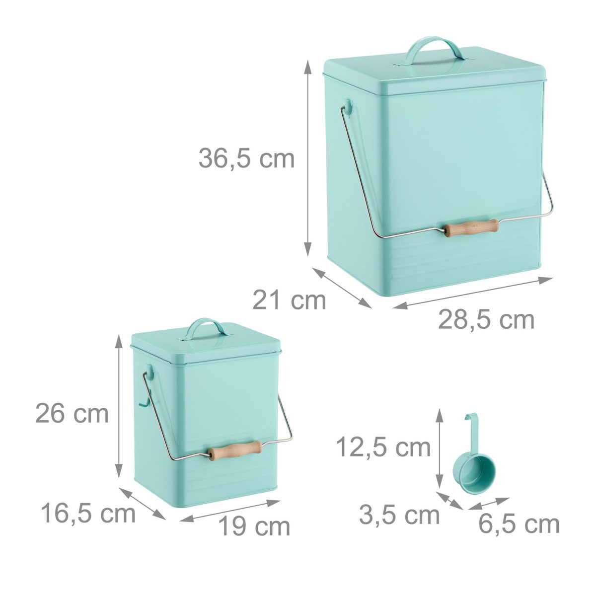 Set 2 recipiente pentru hrana animale/diverse, 5,5 l si 16 l, capace si manere, din fier, turcoaz - imagine 4