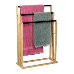 Suport pentru prosoape, 3 bare negre, din bambus, 82 x 55 x 24 cm
