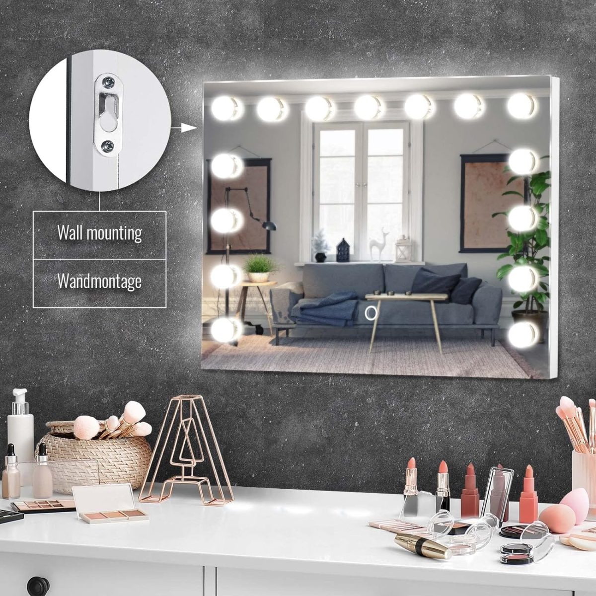 Oglinda cu iluminare LED de 3 culori, senzor tactil, cadru MDF, alb, 58 x 43 cm - imagine 3