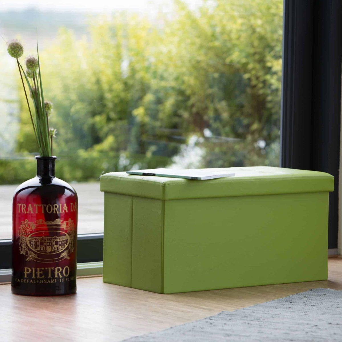 Taburet pliabil, piele ecologica, 38 x 76 x 38 cm, cu spatiu depozitare, verde - imagine 3