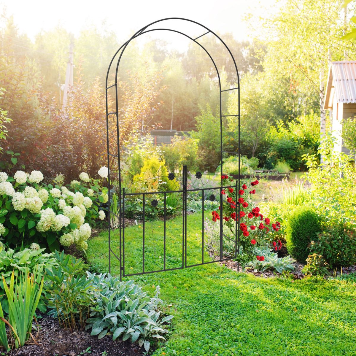 Arcada metalica cu poarta, 228 x 116 x 36,5 cm, negru, Relaxdays - imagine 2