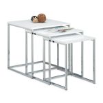 Set 3 mese industriale RelaxDays, blad MDF, cadru metal cromat, alb, masa mica 36 x 30 x 30 cm, masa medie 39 x 35 x 35 cm, masa mare 42 x 40 x 40 cm
