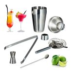 Set cocktail inox 5 bucati, shaker, clesti gheata, pahar dozare dubla, sita si lingura de bar