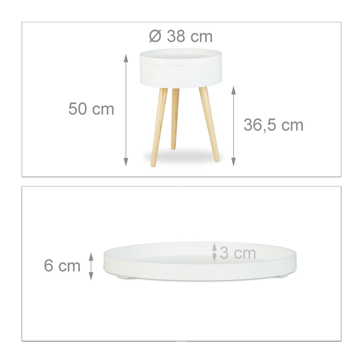 Masuta de cafea, cu tava, rotunda, 50 x 38 x 38 cm, din lemn, alb/maro - imagine 4
