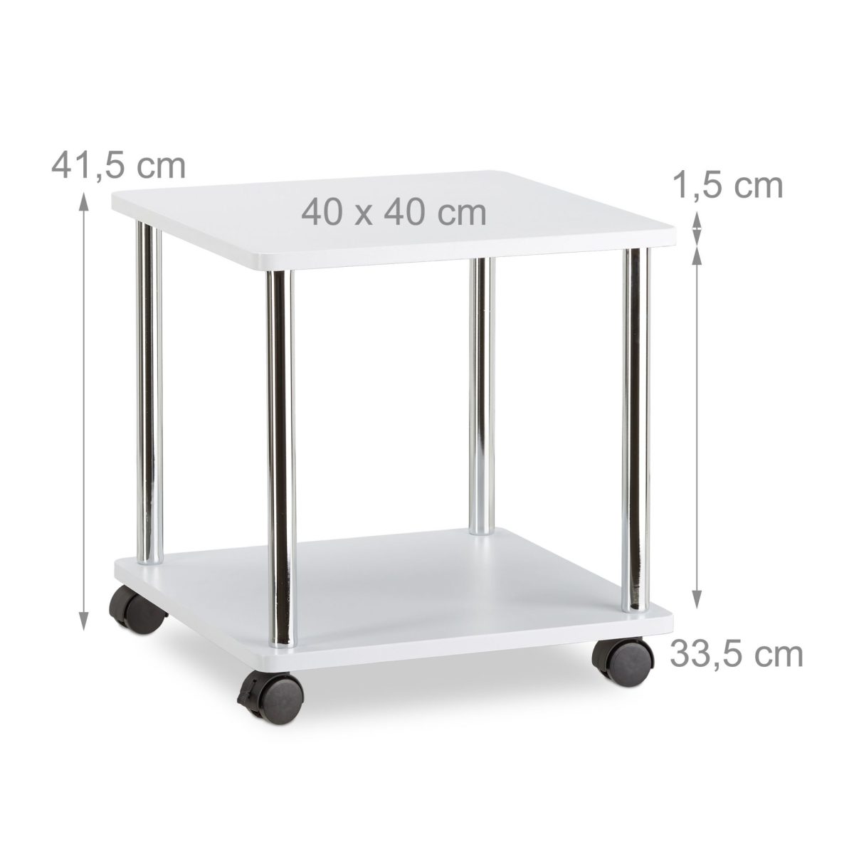 Masuta cafea rulanta, cu 2 rafturi, MDF si otel inoxidabil, alb, 41,5 x 40 x 40 cm - imagine 5