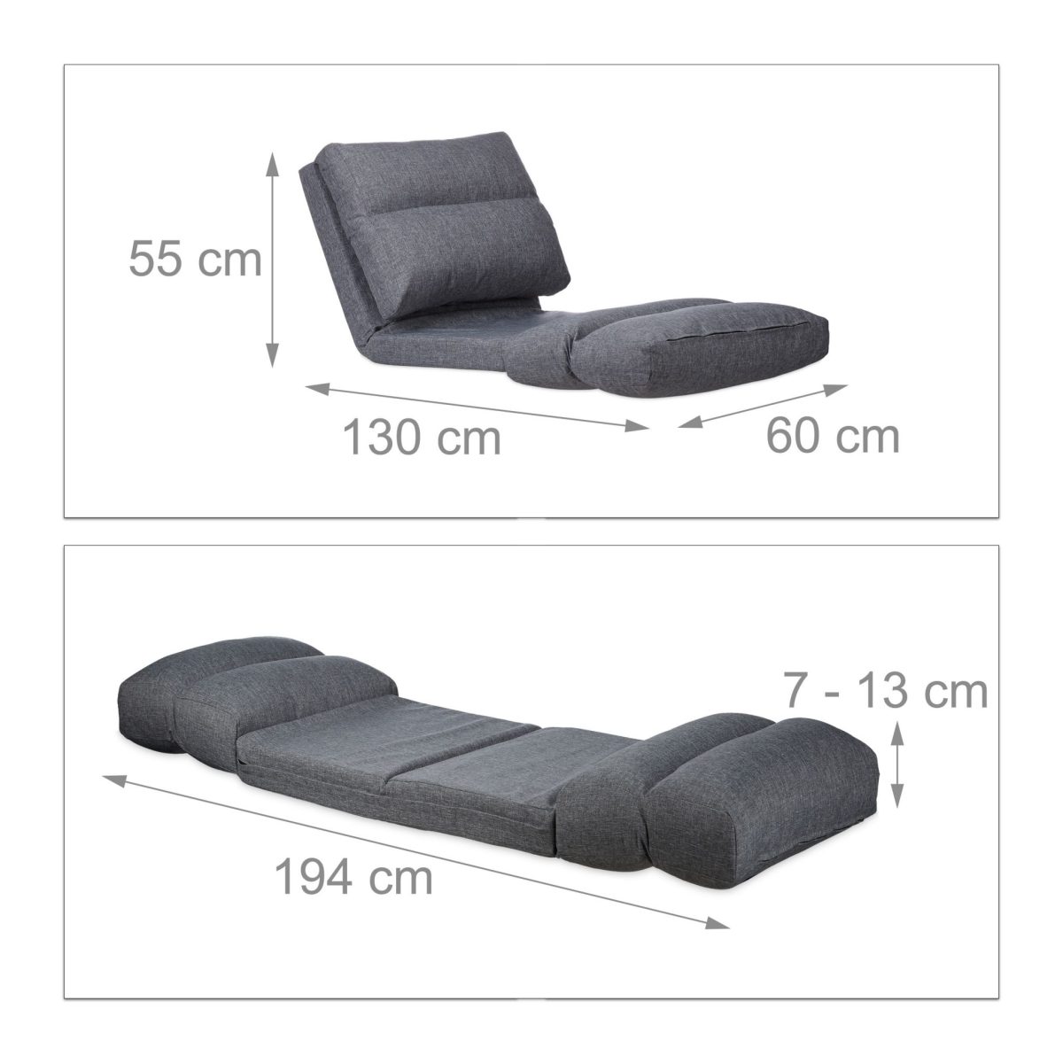 Fotoliu de podea extensibil Relaxdays, spatar reglabil pe 9 niveluri, gri, din MDF si spuma, 60x130x55 cm - imagine 6