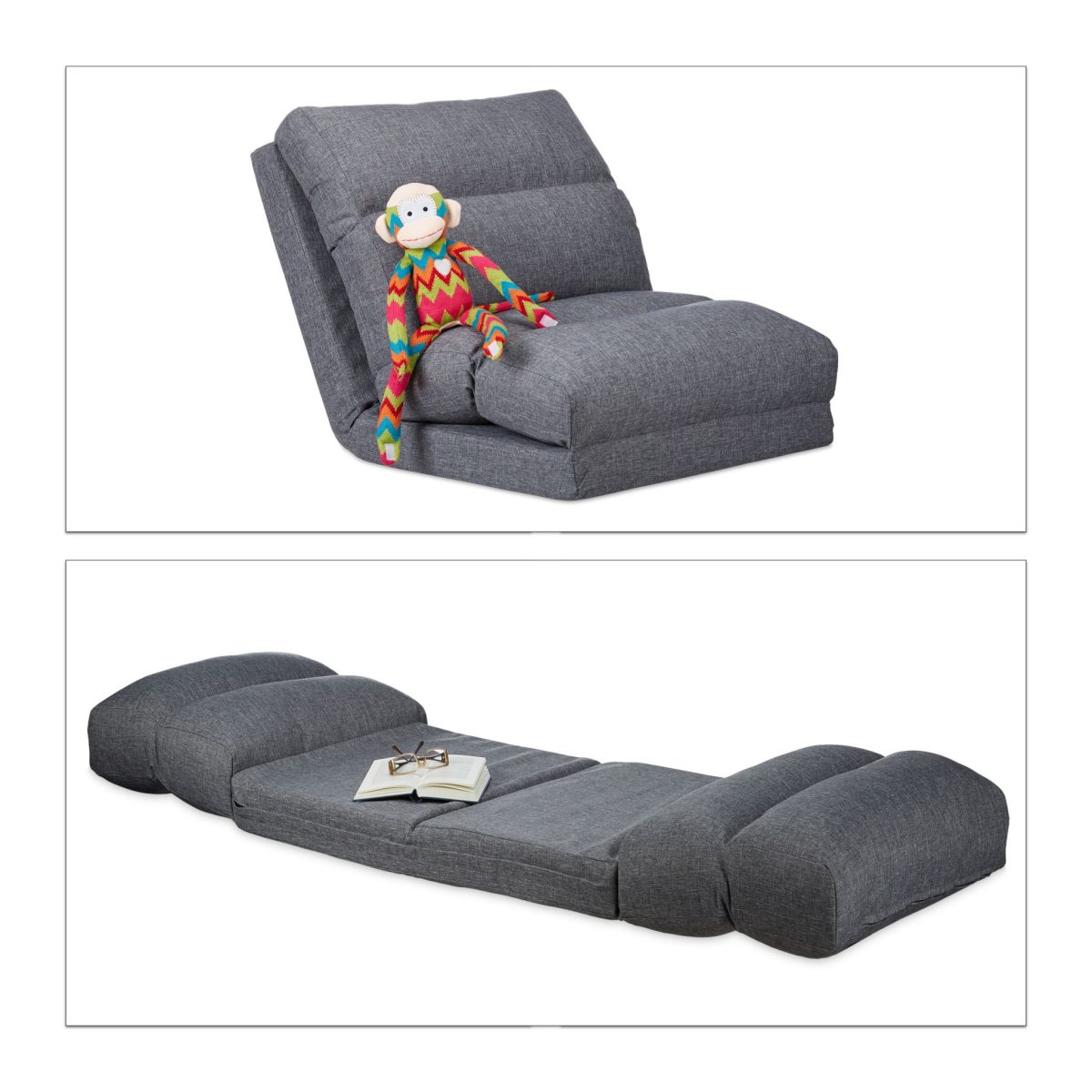 Fotoliu de podea extensibil Relaxdays, spatar reglabil pe 9 niveluri, gri, din MDF si spuma, 60x130x55 cm - imagine 3