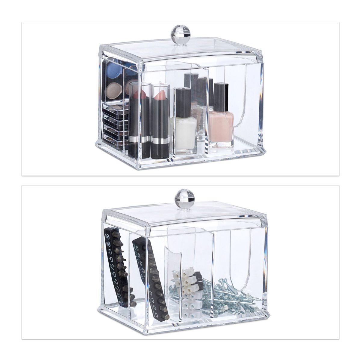 Organizator pentru dischete si betisoare cosmetice, acril, transparent, 13 x 15 x 11 cm - imagine 3