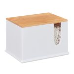 Organizator pentru betisoare si dischete cosmetice, acril, capac bambus, alb, 10 x 15 x 11 cm