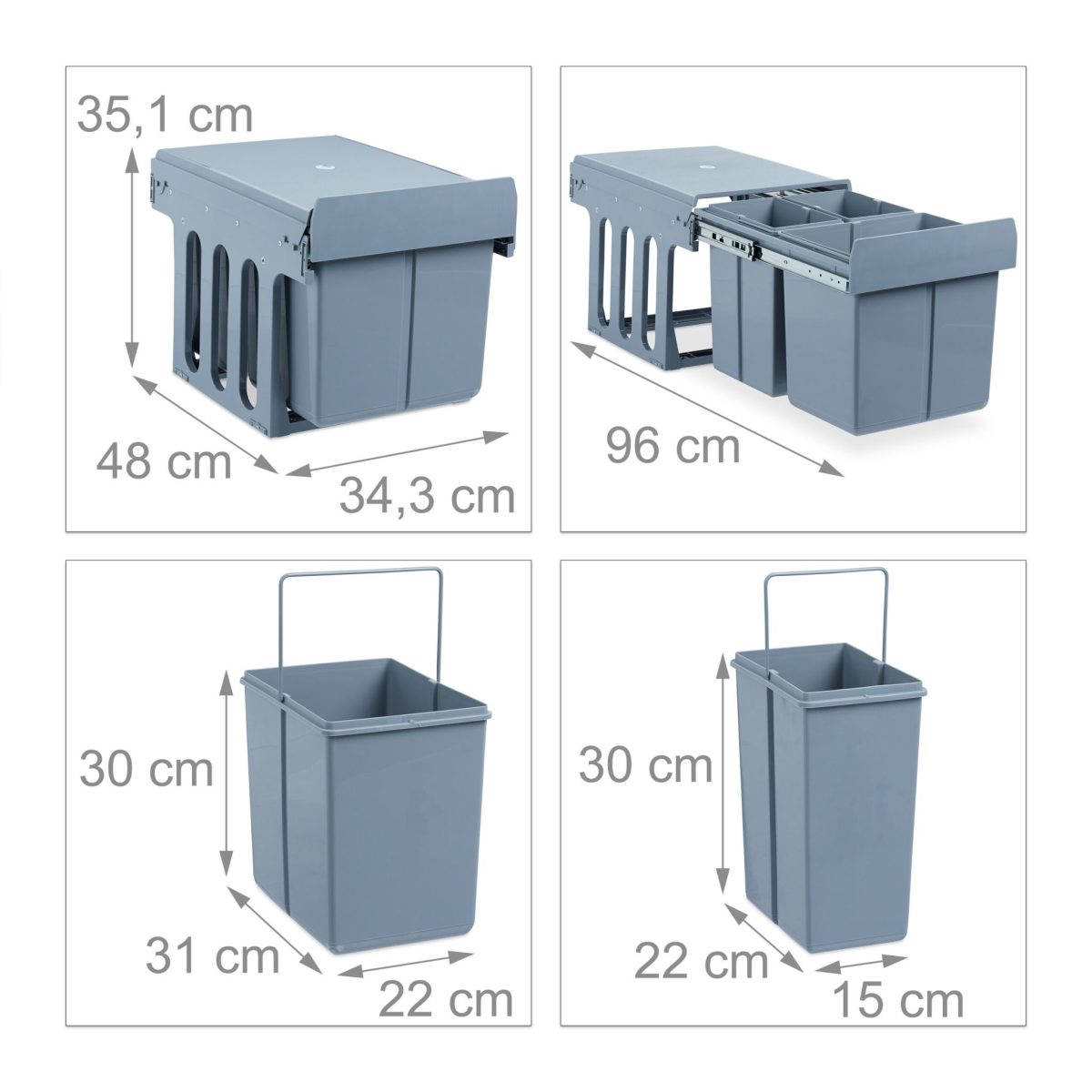Cos de gunoi incorporat, Relaxdays, cu 3 recipiente diferite, gri, 1 x 15 l, 2 x 8 l, 35 x 34 x 48 cm - imagine 2