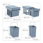 Cos de gunoi incorporat, Relaxdays, cu 3 recipiente diferite, gri, 1 x 15 l, 2 x 8 l, 35 x 34 x 48 cm - imagine 2