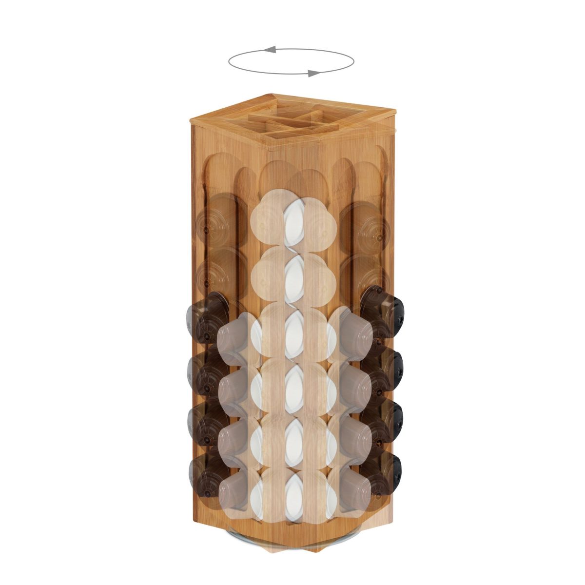Suport rotativ capsule cafea, tip Dolce Gusto, 8 compartimente, din bambus, pana la 56 de capsule, 40.5 x 14 x 14 cm, RelaxDays - imagine 2