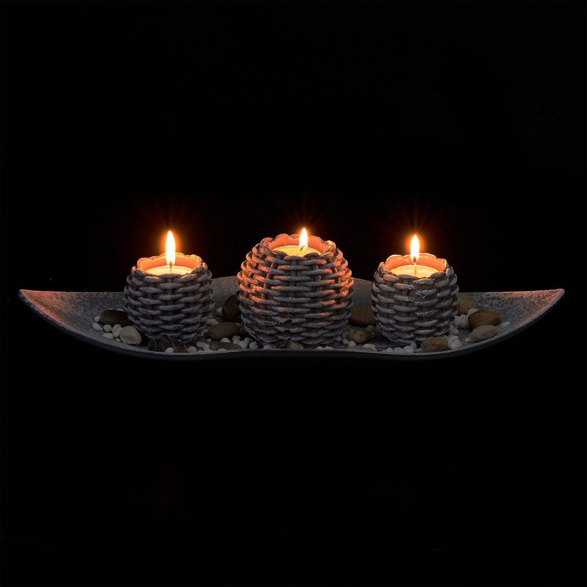 Set decorativ suport pentru 3 lumanari, gri/alb, dimensiuni 7,5 x 38,5 x 16 cm, Relaxdays - imagine 7