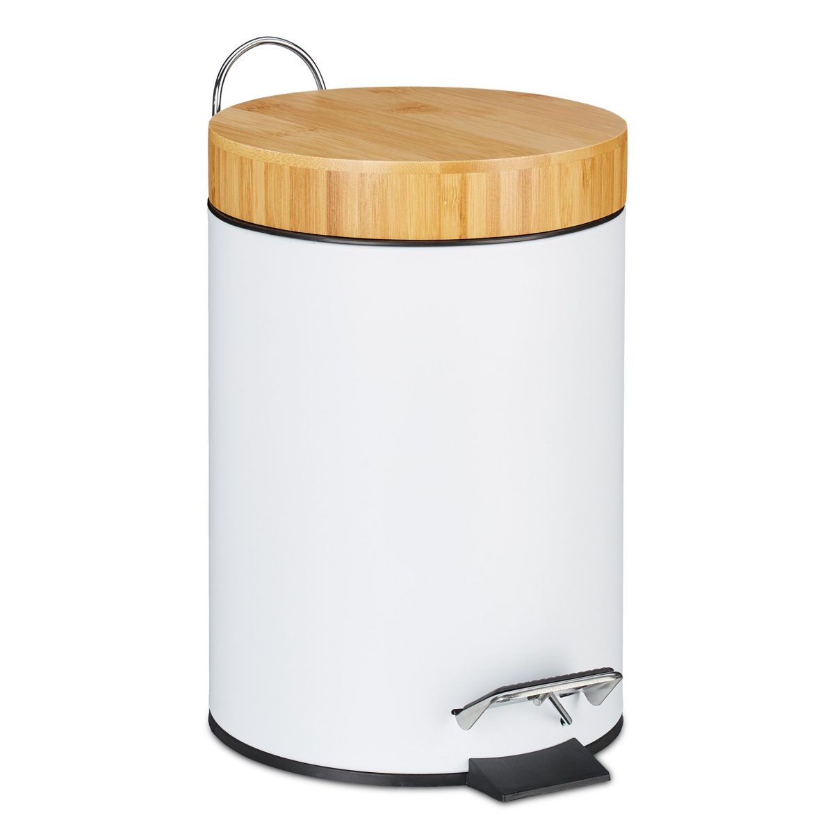 Cos de gunoi, cu pedala, maner, capac din bambus, 3 l, alb/maro natur, 17 x 23 x 24.5 cm - imagine 3