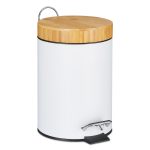 Cos de gunoi, cu pedala, maner, capac din bambus, 3 l, alb/maro natur, 17 x 23 x 24.5 cm