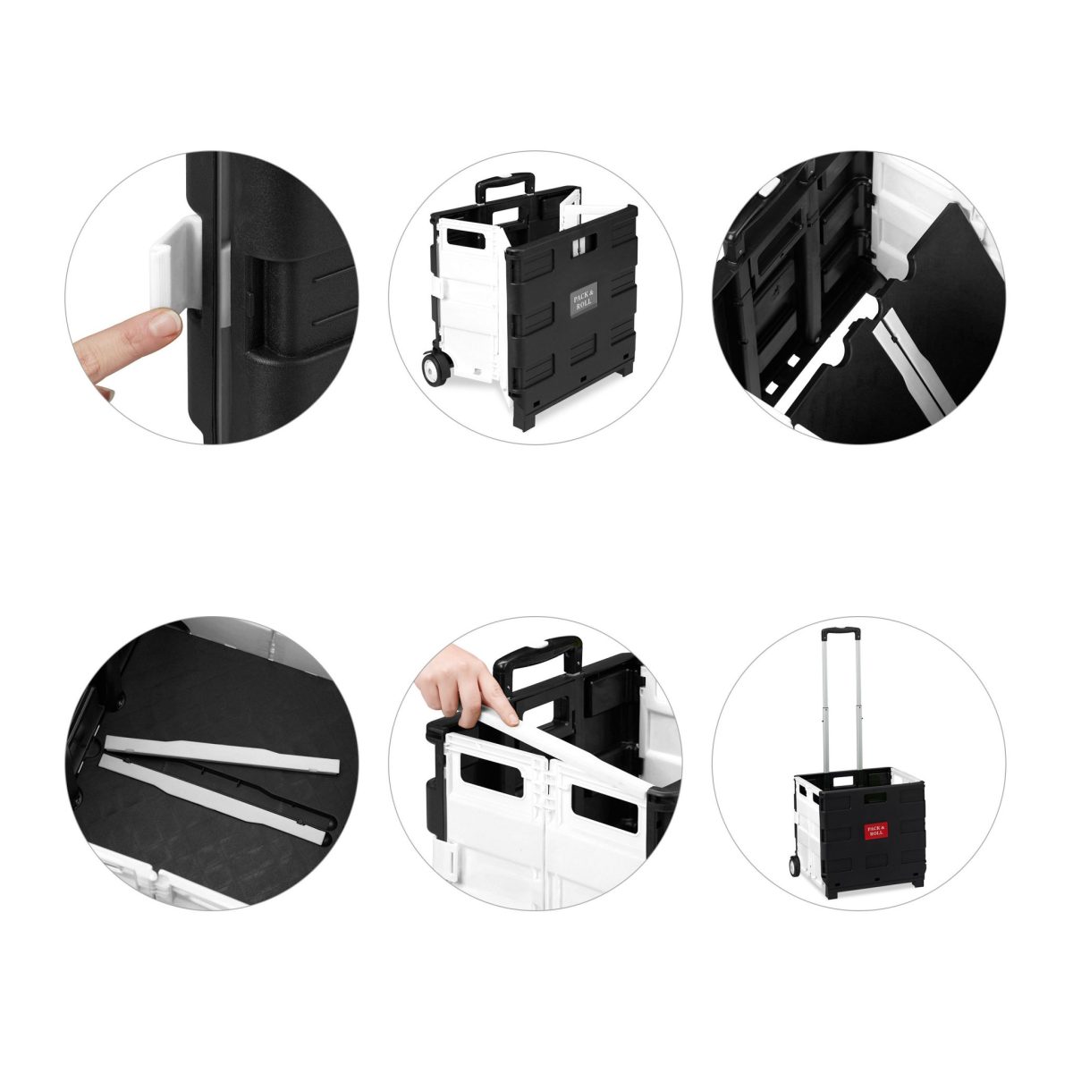 Carucior pliabil pentru cumparaturi si transport, Relaxdays, tip troler, negru/ alb, ajustabil 46-99 x 45 x 37.5 cm, 50 l - imagine 4