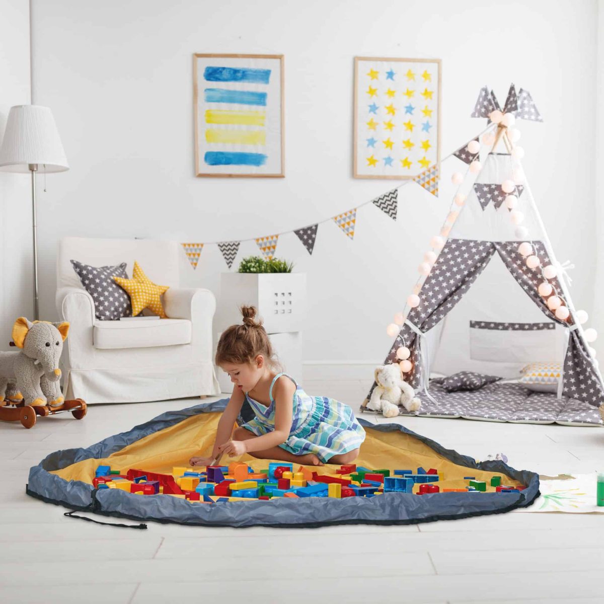 Cos depozitare jucarii cu patura inclusa, dimensiuni 30 x 32 cm, gri, Relaxdays - imagine 3