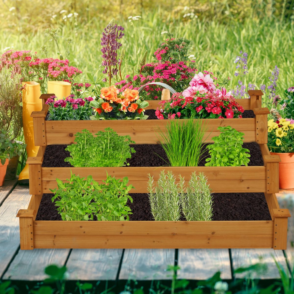 Jardiniera cu 3 niveluri, lemn de brad, 46 x 122 x 122 cm - imagine 2