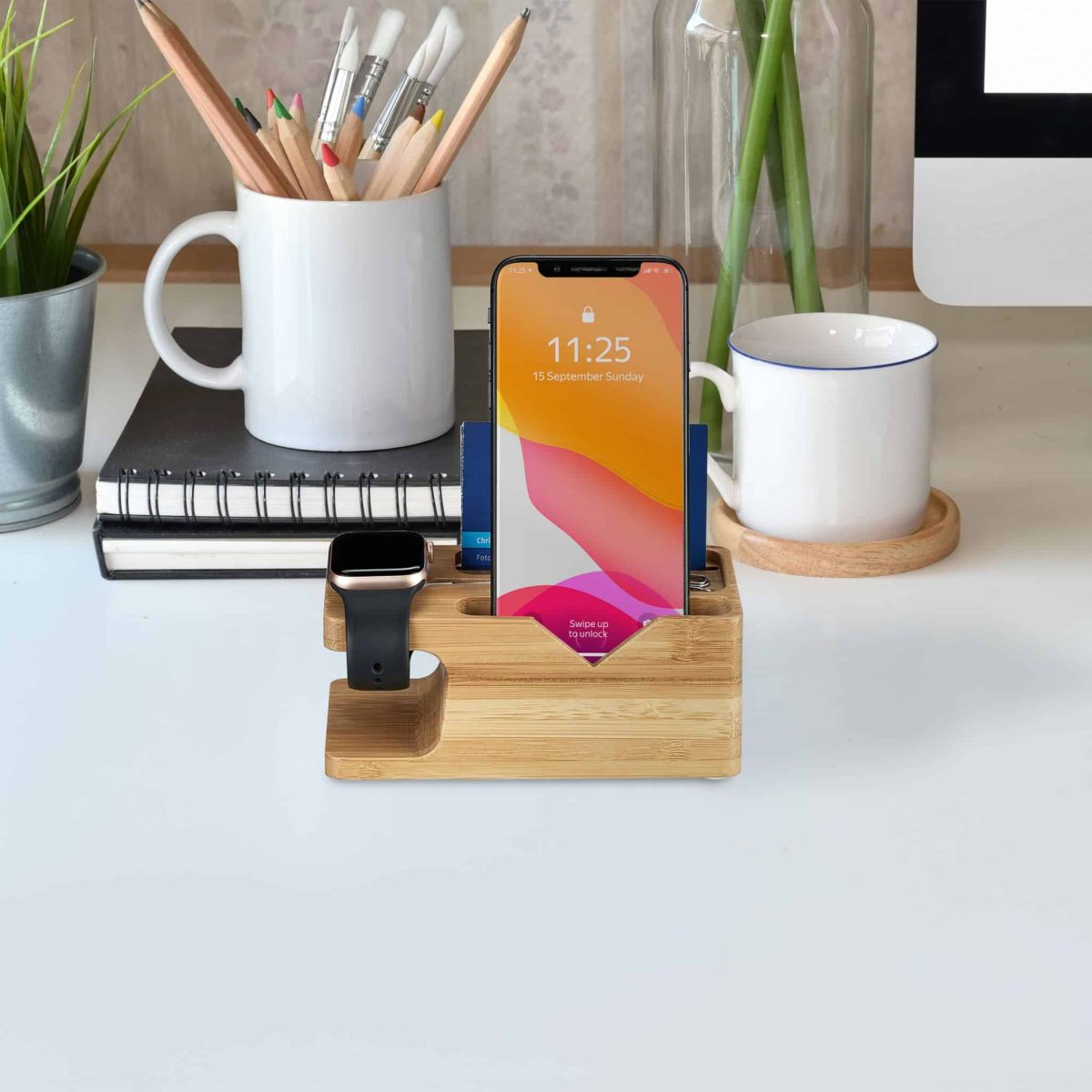 Organizator de birou cu statie de incarcare smartphone si smartwatch, din bambus - imagine 2