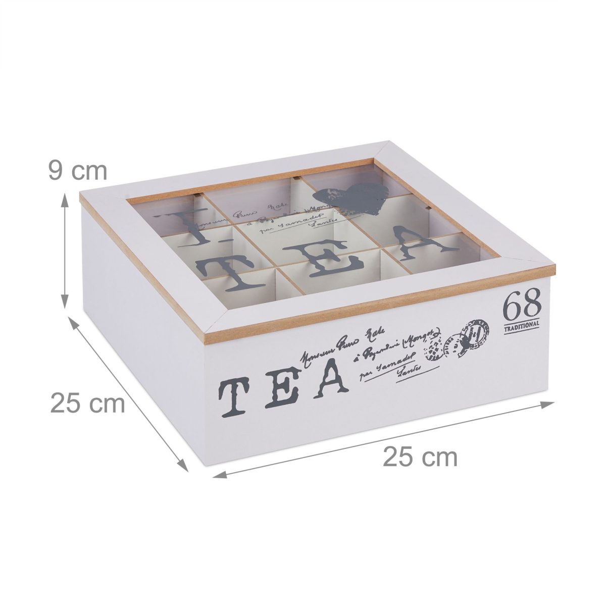 Cutie pentru ceai, 9 compartimente, 9 x 25 x 25 cm, alb/gri - imagine 4