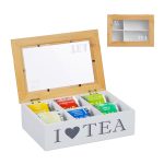 Cutie pentru ceai, 6 compartimente,  7 x 23 x 16 cm, alb/maro