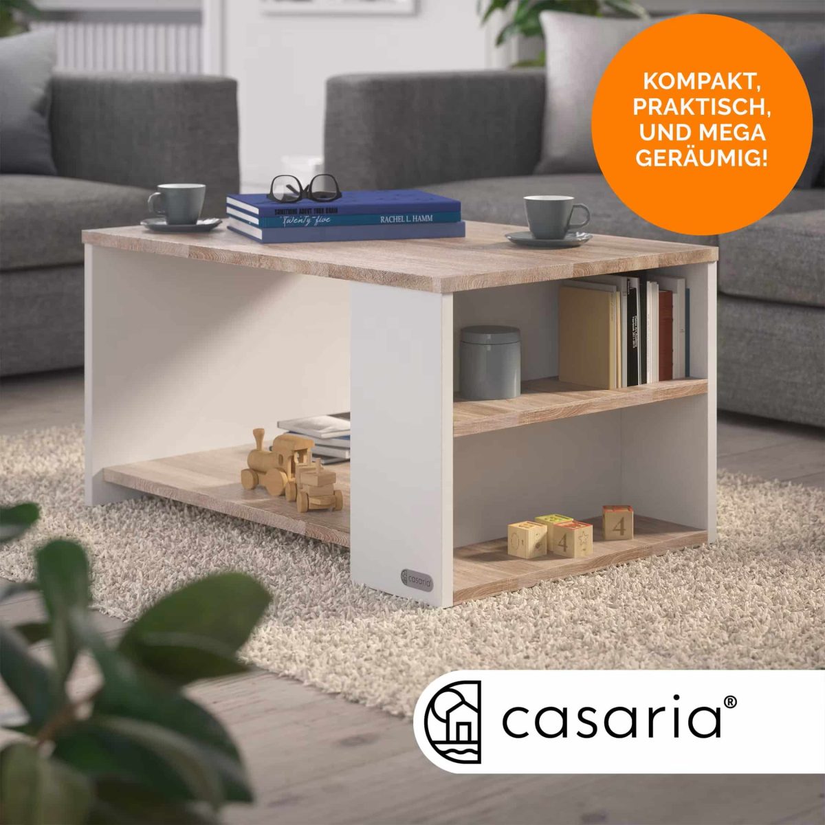 Masuta de cafea, CASARIA®, rafturi, PAL, alb/natur, 90 x 59 x 47,5 cm - imagine 2