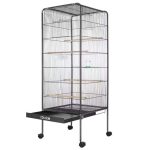 Cusca pentru papagali, echipata cu un dozator de apa si o statie de hranire, cu sertar metalic, 4 roti,146x54x54cm, negru/argintiu