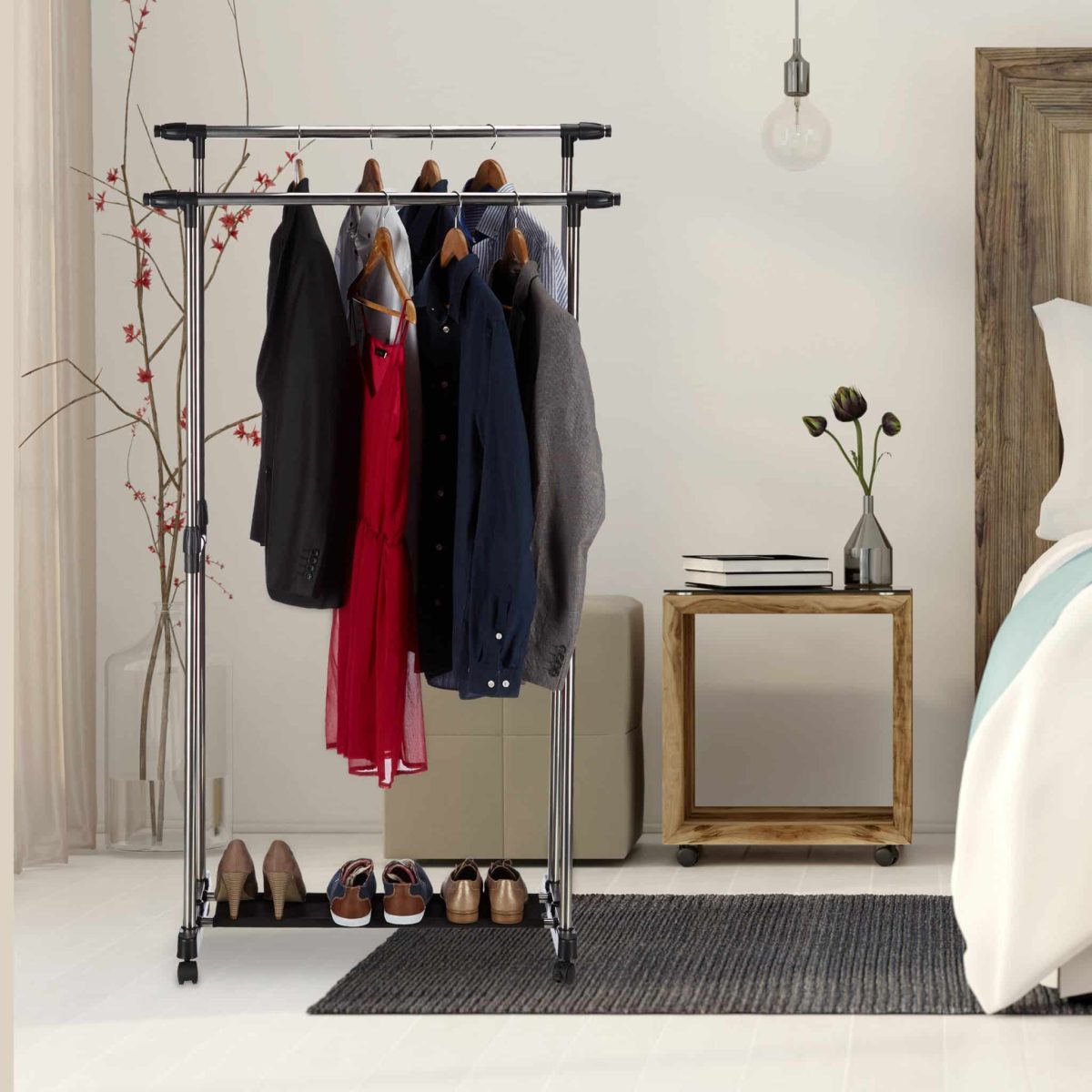 Suport dublu extensibil pentru haine cu un raft pentru incaltaminte, Relaxdays, din metal, 94-162 x 92-150 x 48 cm - imagine 8