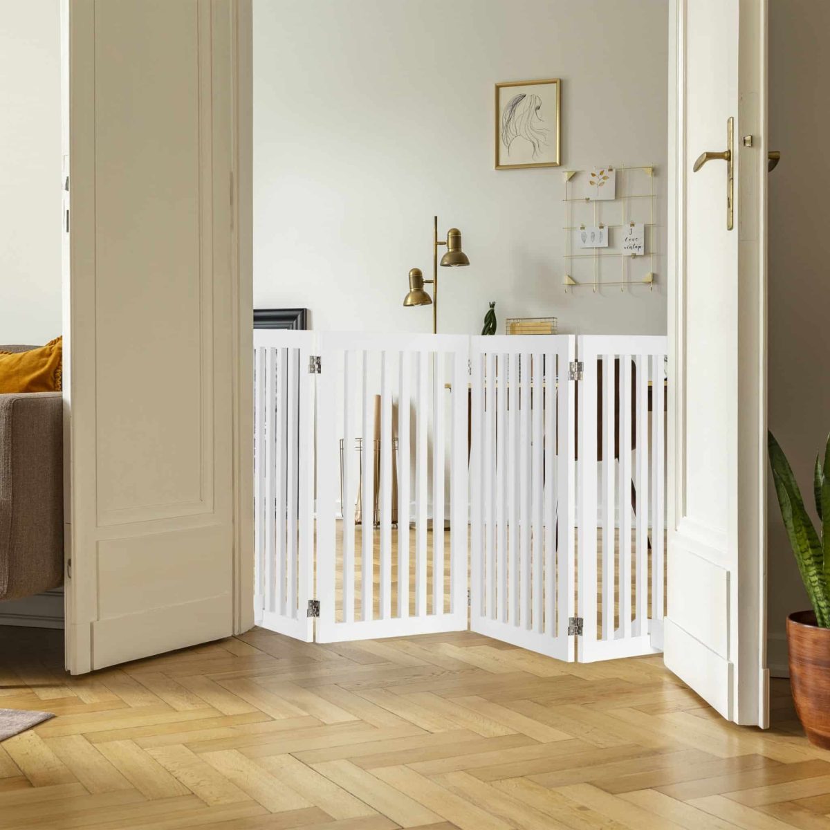Gard de siguranta pentru copii sau animale de casa, Relaxdays, lungime maxima 204 cm, MDF, alb - imagine 2