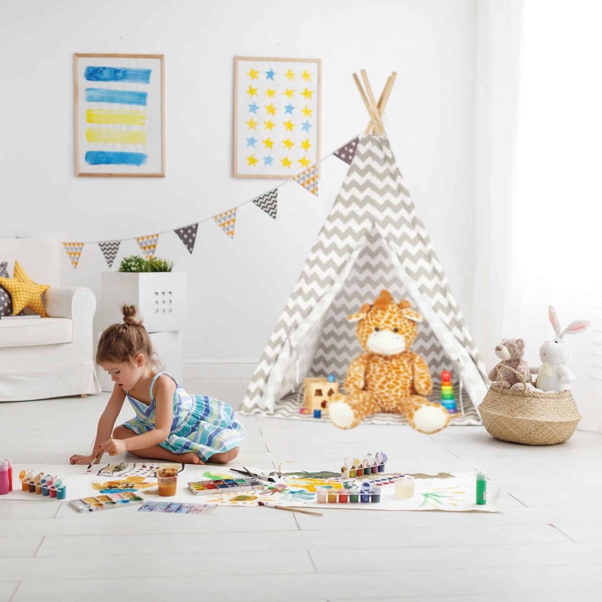 Cort de joaca pentru copii, Relaxdays, din in, alb/gri, 115 x 115 x 160 cm - imagine 3