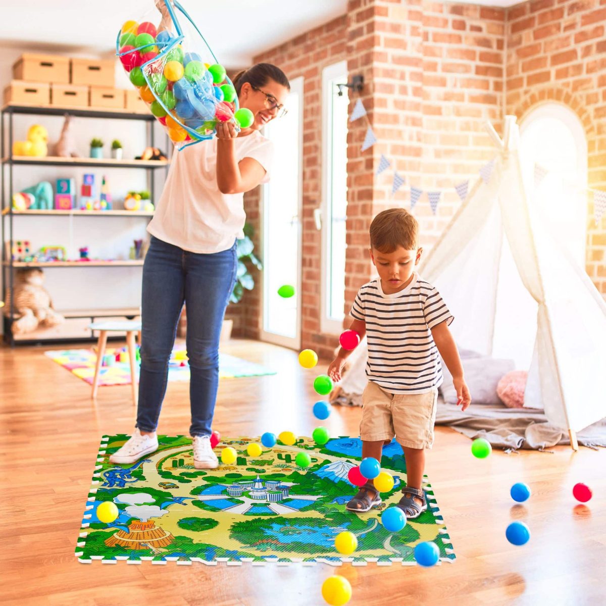 Covoras din spuma EVA Relaxdays, tip puzzle, multicolor, cu dinozauri, 9 piese, 90x90 cm - imagine 2